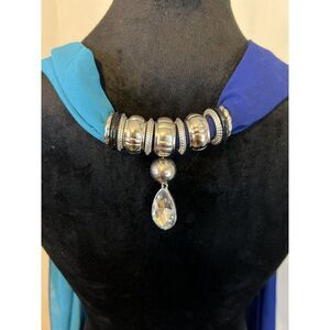 Blue Turquoise Chiffon Scarf‎ with Silver Tone Crystal Teardrop Pendant Slide